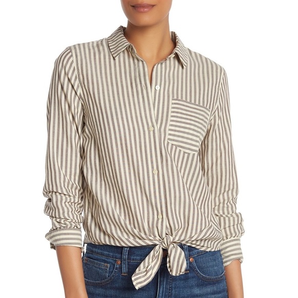 Madewell Striped Tie Front Long Sleeve Shirt - Picture 1 of 7